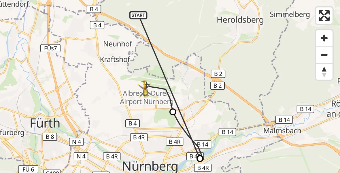Flugroute Rettungshubschrauber Neunhofer Forst - Flughafen Nuremberg, 20 Oktober 2026, 09:09