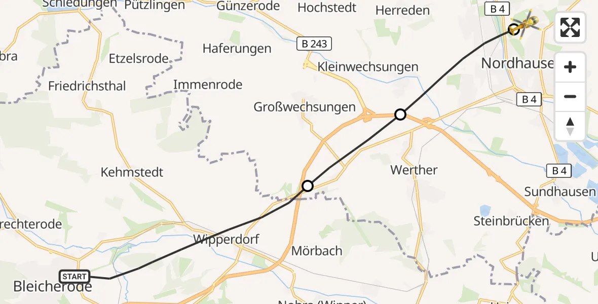 Flugroute Rettungshubschrauber Bleicherode - Südharz Hospital Nordhausen, 20 Oktober 2026, 09:12