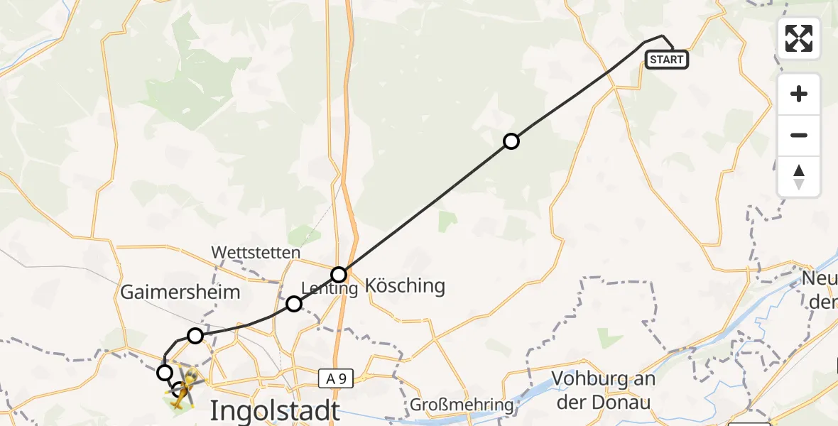 Flugroute Rettungshubschrauber Altmannstein - Ingolstadt Hospital, 20 Oktober 2026, 09:19