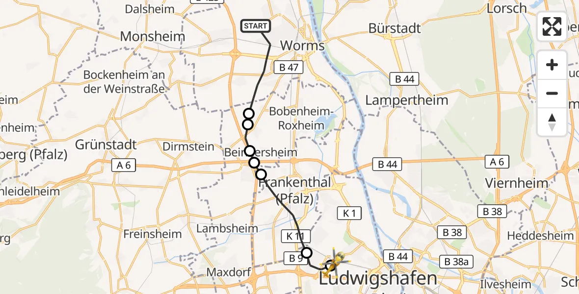 Flugroute Rettungshubschrauber Worms - Ludwigshafen Accident Hospital Hubschrauberlandeplatz, 20 Oktober 2026, 09:23