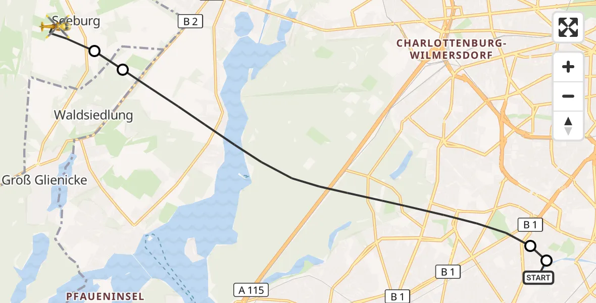 Flugroute Rettungshubschrauber Charité Clinic Benjamin Franklin Campus - Dallgow-Döberitz, 20 Oktober 2026, 09:28