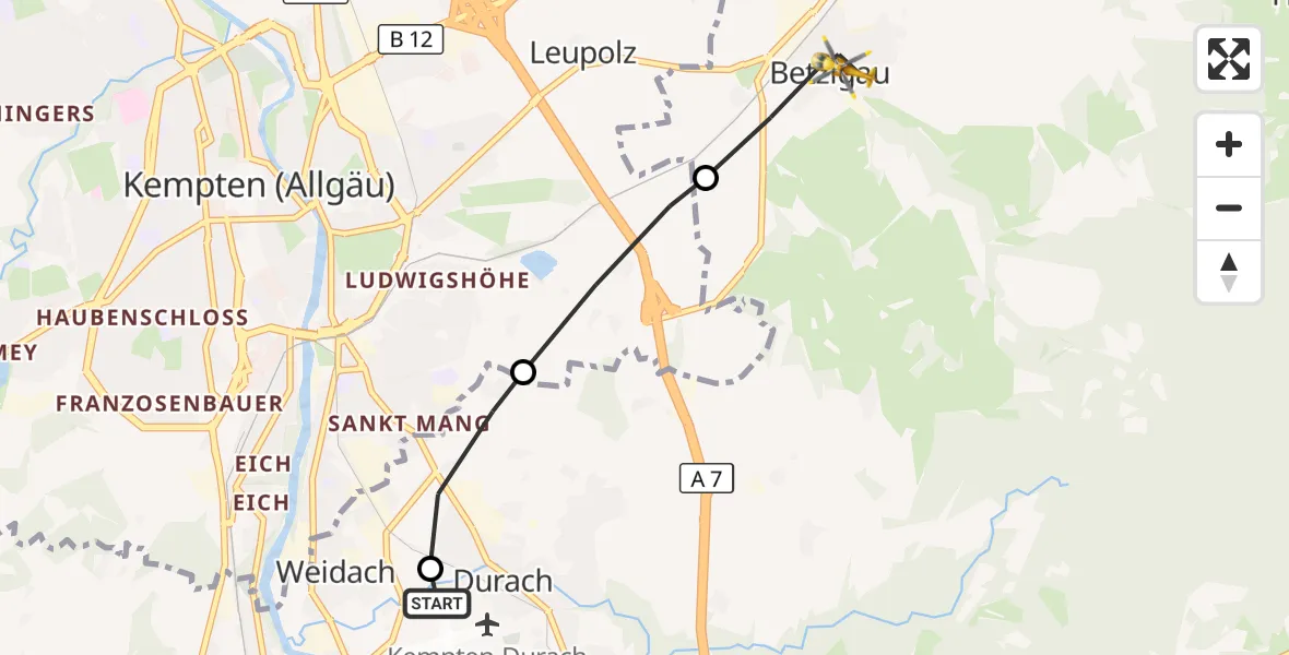 Flugroute Rettungshubschrauber Kempten-Durach Flugplatz - Betzigau, 20 Oktober 2026, 09:39