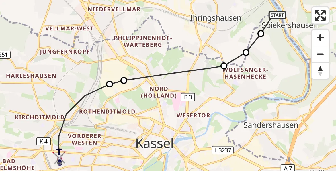 Flugroute Polizeihubschrauber Fuldatal - Kassel, 20 Oktober 2026, 10:04