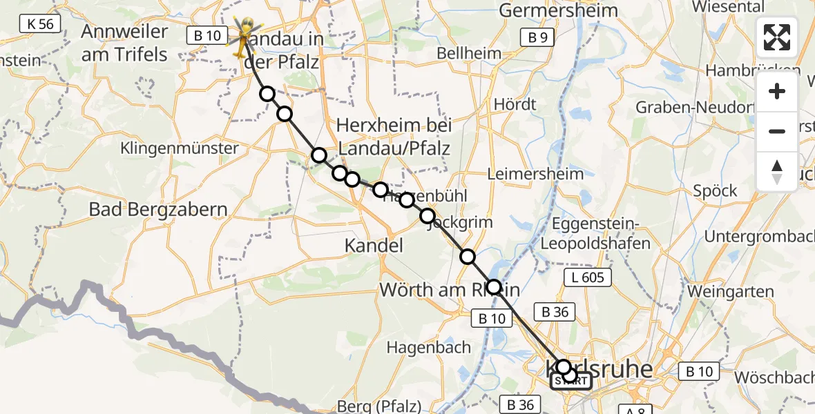 Flugroute Ambulanzhubschrauber Sankt Vincentius Hospital - Landau in der Pfalz, 20 Oktober 2026, 10:07