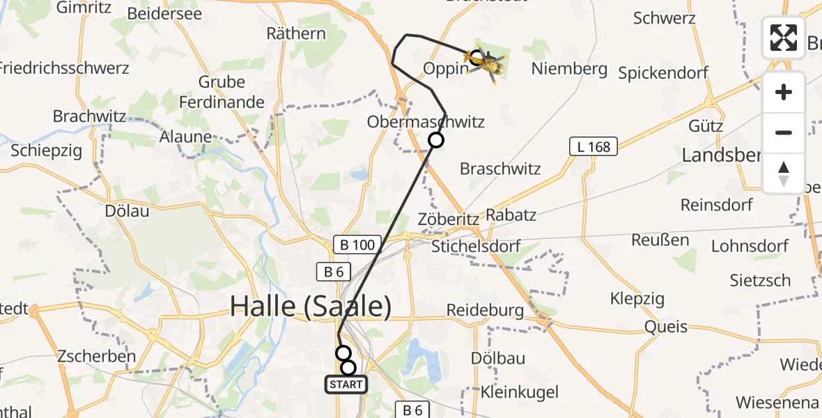 Flugroute Rettungshubschrauber BG Hospital Bergmannstrost Halle - Halle-Oppin Flugplatz, 20 Oktober 2026, 10:14