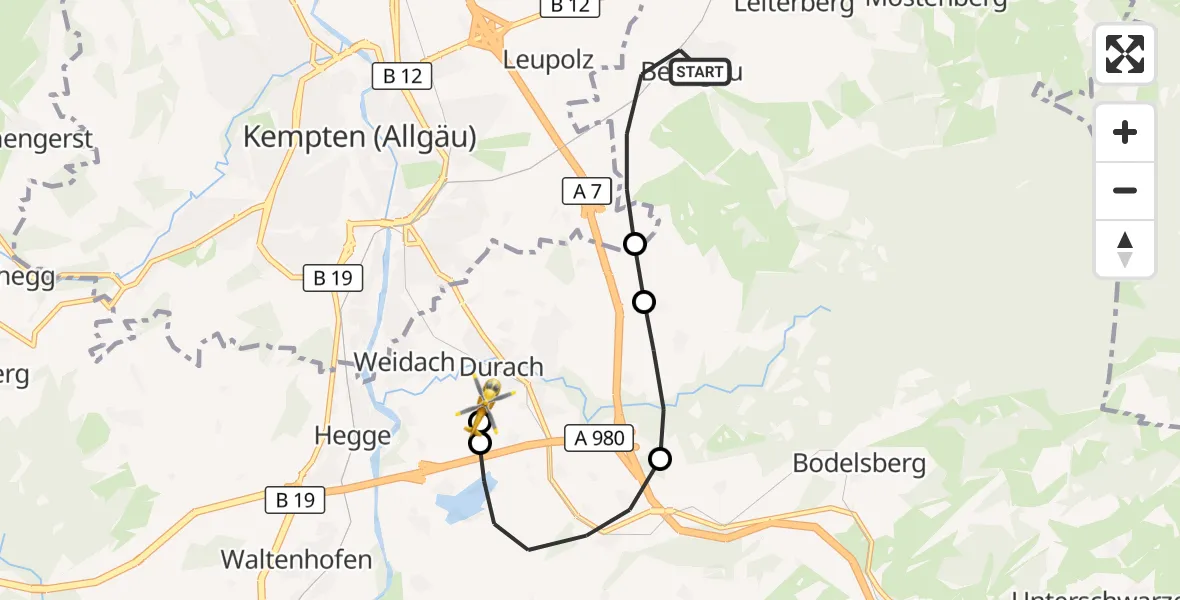 Flugroute Rettungshubschrauber Betzigau - Kempten-Durach Flugplatz, 20 Oktober 2026, 10:18