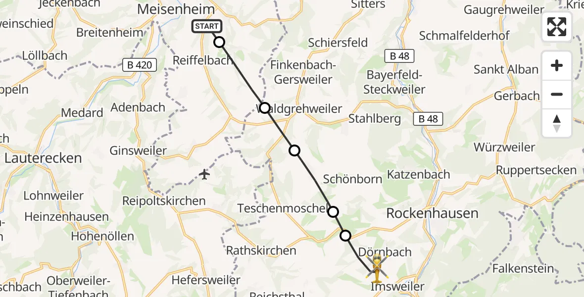 Flugroute Rettungshubschrauber Reiffelbach - Rockenhausen, 20 Oktober 2026, 10:30