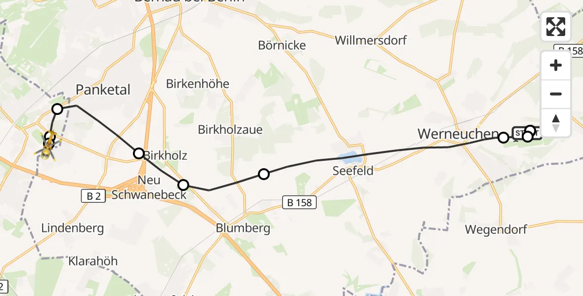 Flugroute Rettungshubschrauber Werneuchen Flugplatz - Helios Clinic Berlin-Buch, 20 Oktober 2026, 10:31