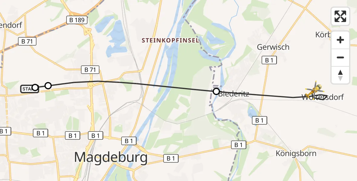 Flugroute Rettungshubschrauber Magdeburg Hospital - Biederitz, 20 Oktober 2026, 10:40