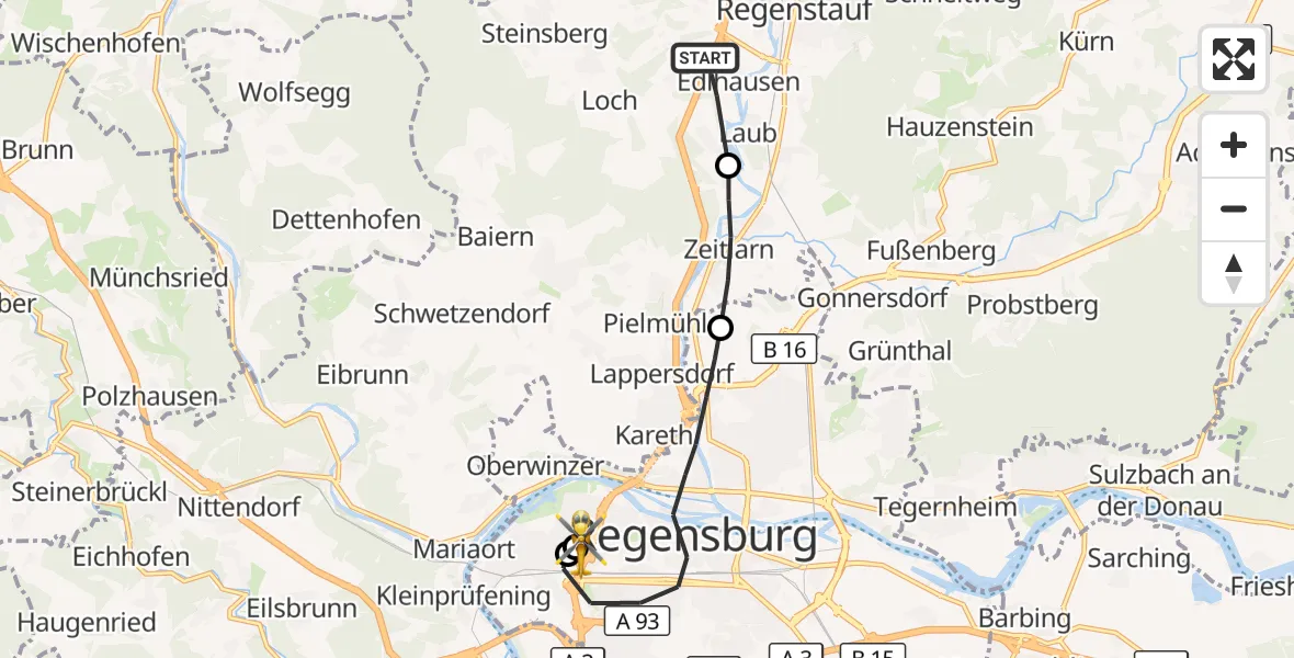 Flugroute Rettungshubschrauber Regenstauf - Barmherzige Brüder (Brothers of Mercy) Hospital Regensburg, 20 Oktober 2026, 10:50