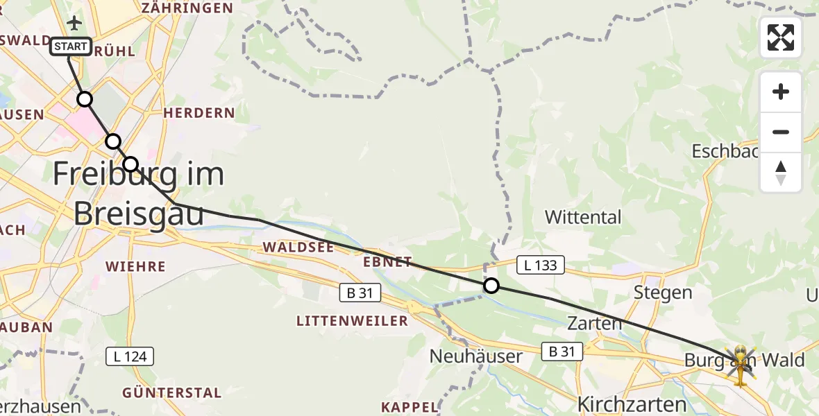 Flugroute Ambulanzhubschrauber Freiburg im Breisgau - Kirchzarten, 20 Oktober 2026, 10:51