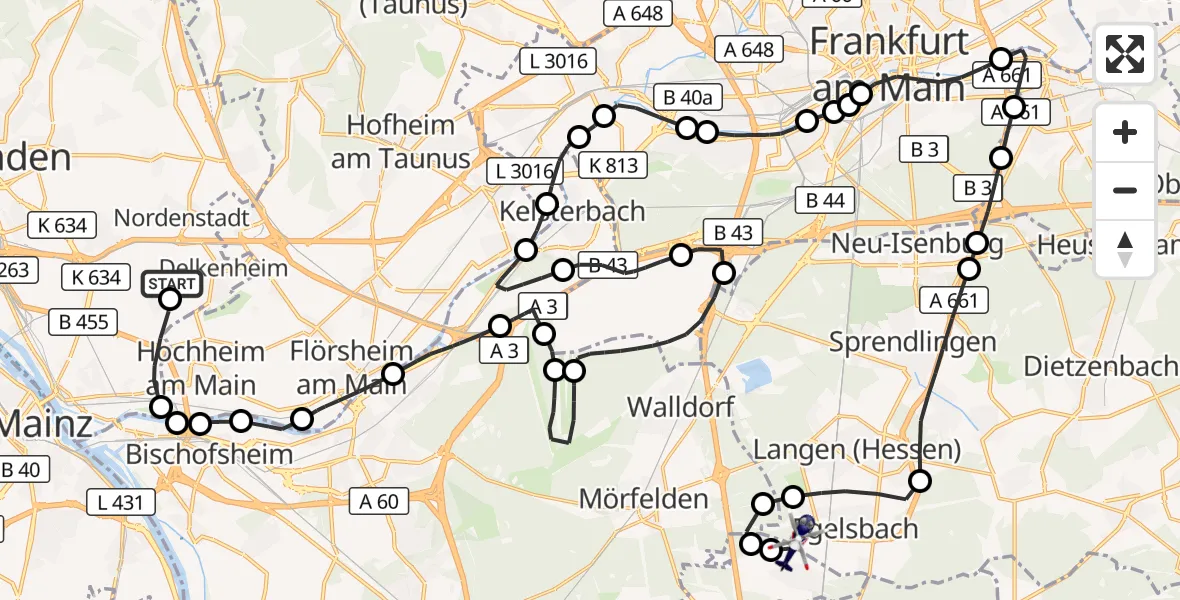 Flugroute Polizeihubschrauber Wiesbaden Militärflugplatz - Flughafen Frankfurt-Egelsbach, 20 Oktober 2026, 10:56