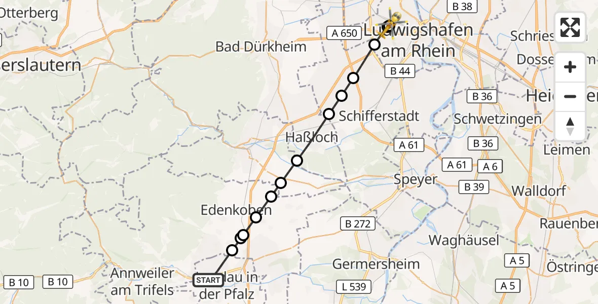 Flugroute Ambulanzhubschrauber Landau in der Pfalz - Ludwigshafen Accident Hospital, 20 Oktober 2026, 11:03