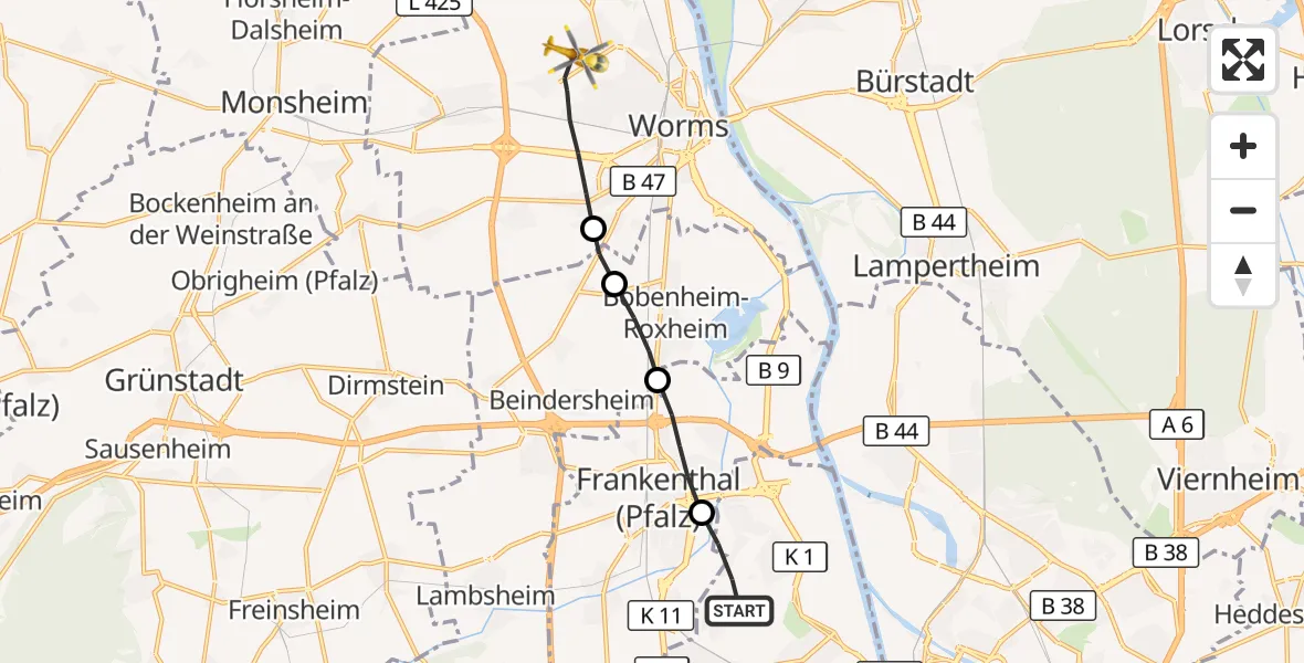 Flugroute Rettungshubschrauber Ludwigshafen am Rhein - Worms, 20 Oktober 2026, 11:18