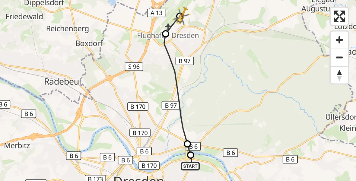 Flugroute Rettungshubschrauber Dresden University Hospital - Dresden Bundespolizei Hubschrauberlandeplatz, 20 Oktober 2026, 11:33