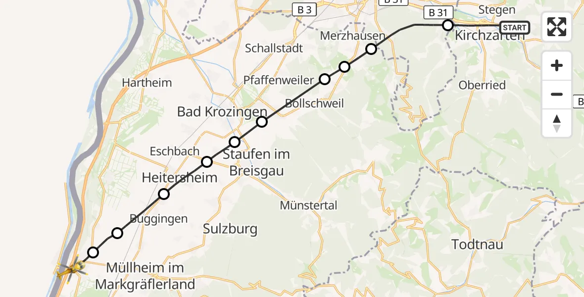 Flugroute Ambulanzhubschrauber Kirchzarten - Neuenburg am Rhein, 20 Oktober 2026, 11:35