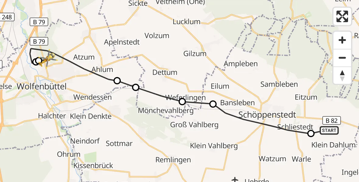 Flugroute Rettungshubschrauber Dahlum - Wolfenbüttel Municipal Hospital Hubschrauberlandeplatz (Christoph 30), 20 Oktober 2026, 11:38