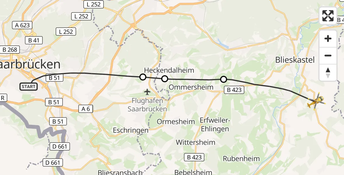 Flugroute Rettungshubschrauber Saarbrücken - Blieskastel, 20 Oktober 2026, 11:40