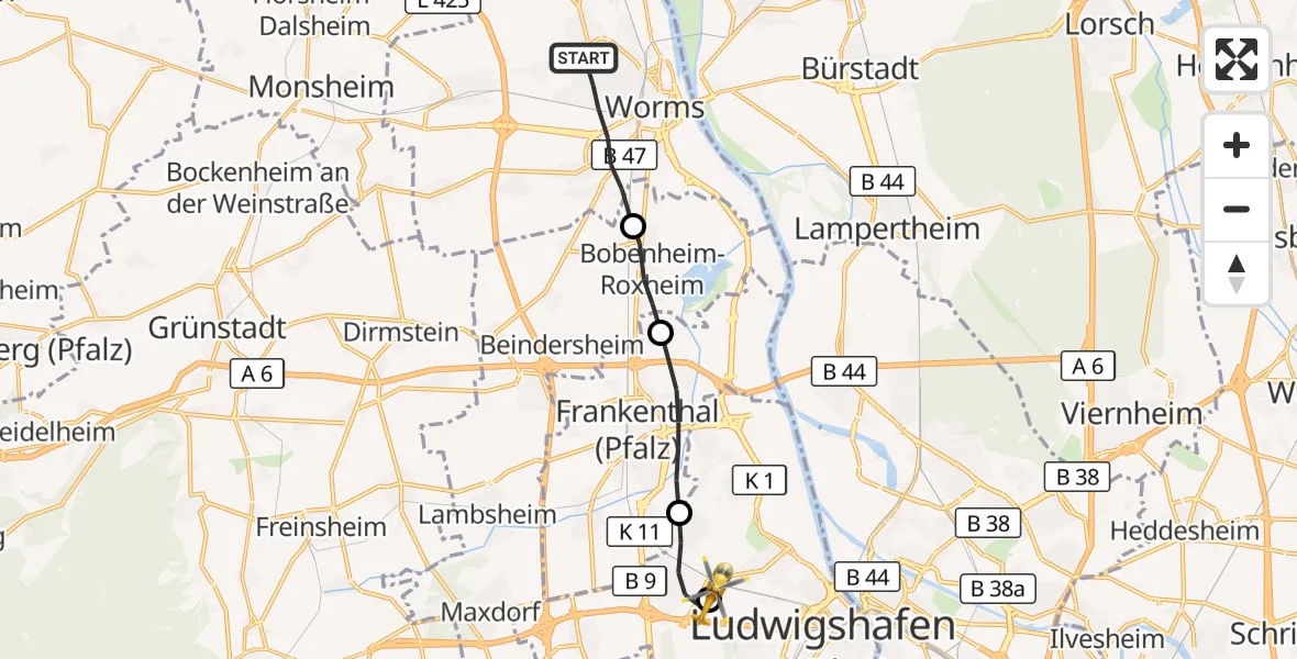 Flugroute Rettungshubschrauber Worms - Ludwigshafen Accident Hospital, 20 Oktober 2026, 11:47