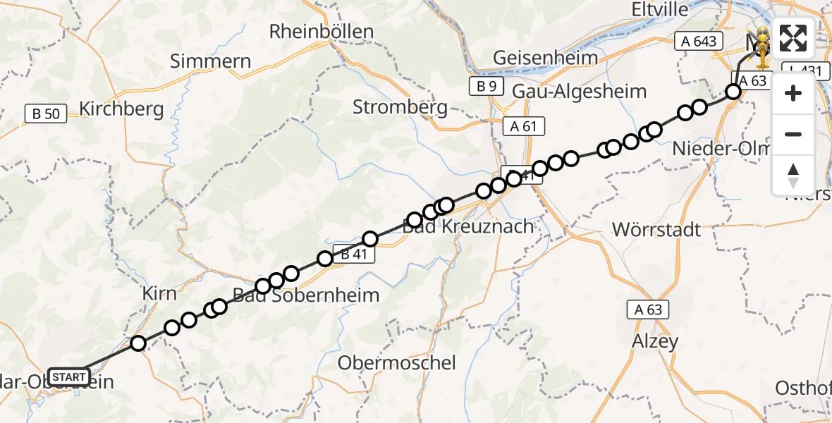 Flugroute Rettungshubschrauber Idar-Oberstein - Mainz University Hospital, 20 Oktober 2026, 12:16
