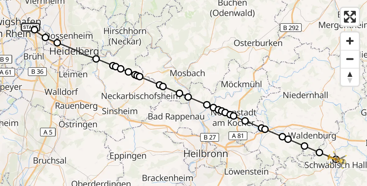 Flugroute Rettungshubschrauber Mannheim-City Flughafen - Evangelisches Diakonie Hospital Schwäbisch Hall, 20 Oktober 2026, 12:25