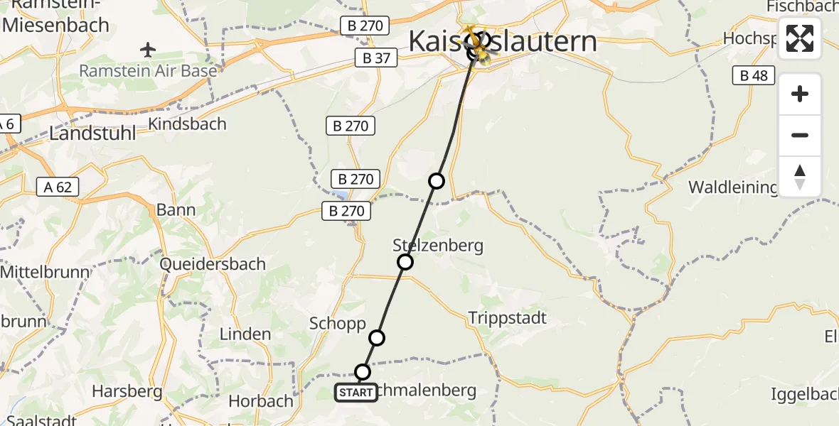 Flugroute Rettungshubschrauber Geiselberg - Westpfalz Hospital Kaiserslautern, 20 Oktober 2026, 12:26