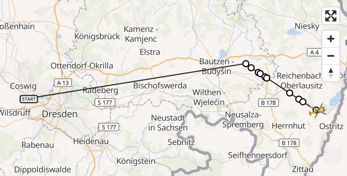 Flugroute Rettungshubschrauber Dresden - Schönau-Berzdorf a.d.Eigen, 20 Oktober 2026, 12:28