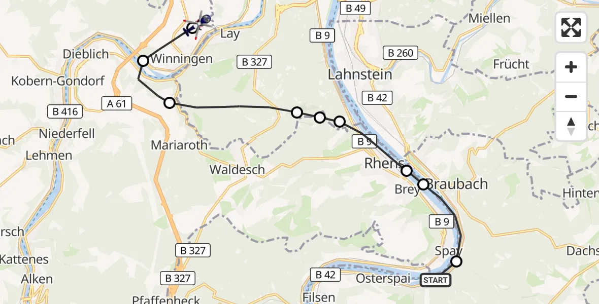 Flugroute Polizeihubschrauber Osterspai - Koblenz-Winningen Flugplatz, 20 Oktober 2026, 12:44