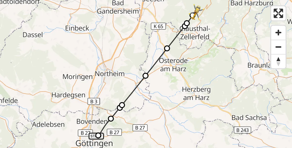 Flugroute Rettungshubschrauber Göttingen University Clinic Hubschrauberlandeplatz - Goslar, 20 Oktober 2026, 12:55