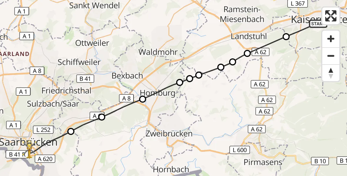 Flugroute Rettungshubschrauber Kaiserslautern - Saarbrücken, 20 Oktober 2026, 13:03