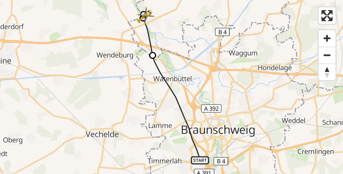 Flugroute Rettungshubschrauber Braunschweig - Schwülper, 20 Oktober 2026, 13:08