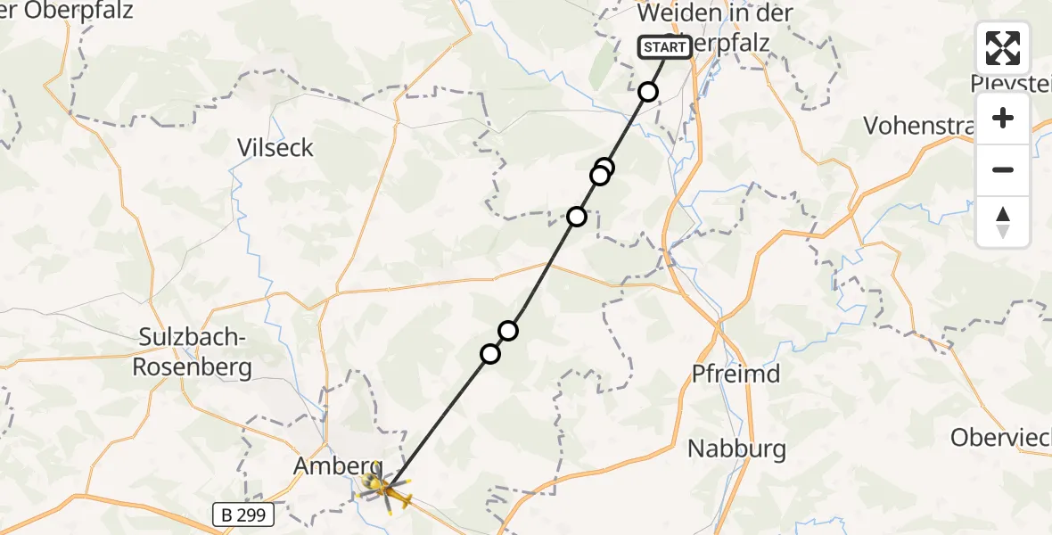 Flugroute Ambulanzhubschrauber Weiden i.d.OPf. - Kümmersbruck, 20 Oktober 2026, 13:15