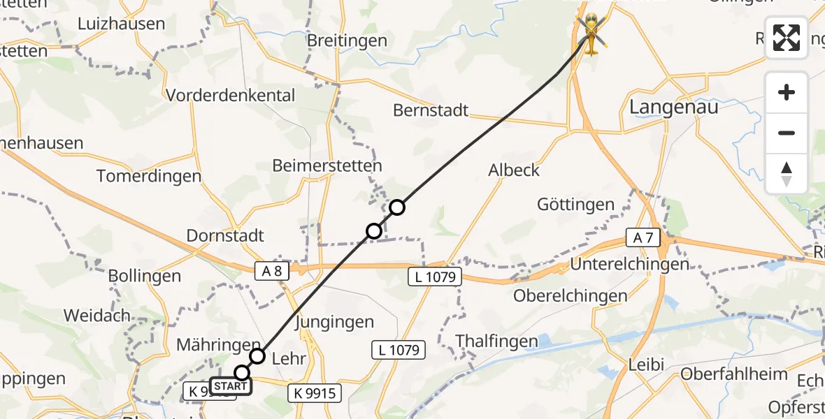 Flugroute Rettungshubschrauber Ulm Military Hospital Emergency - Langenau, 20 Oktober 2026, 13:15
