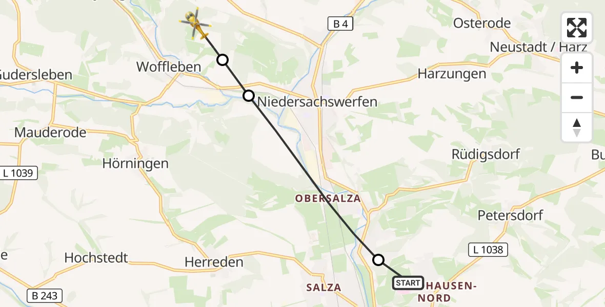 Flugroute Rettungshubschrauber Südharz Hospital Nordhausen - Ellrich, 20 Oktober 2026, 13:20