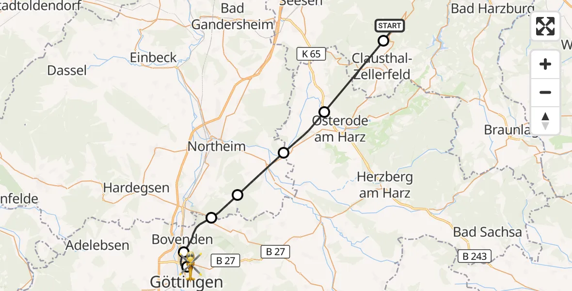Flugroute Rettungshubschrauber Goslar - Göttingen University Clinic Hubschrauberlandeplatz, 20 Oktober 2026, 13:36