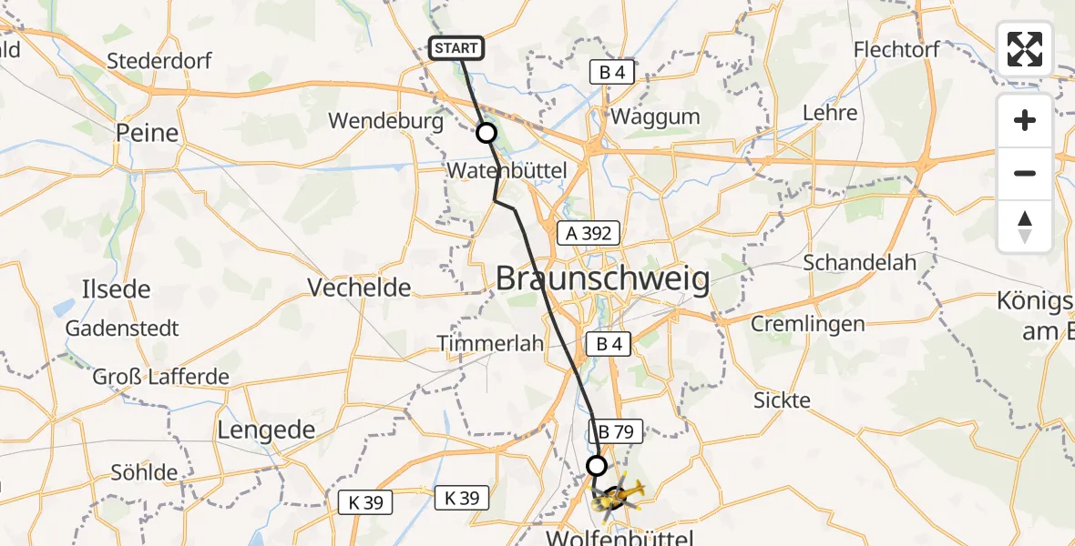 Flugroute Rettungshubschrauber Schwülper - Wolfenbüttel Municipal Hospital Heliport (Christoph 30), 20 Oktober 2026, 13:44