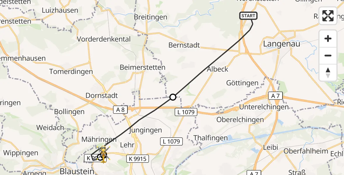 Flugroute Rettungshubschrauber Langenau - ADAC Air Rescue Station Ulm (Christoph 22), 20 Oktober 2026, 14:00