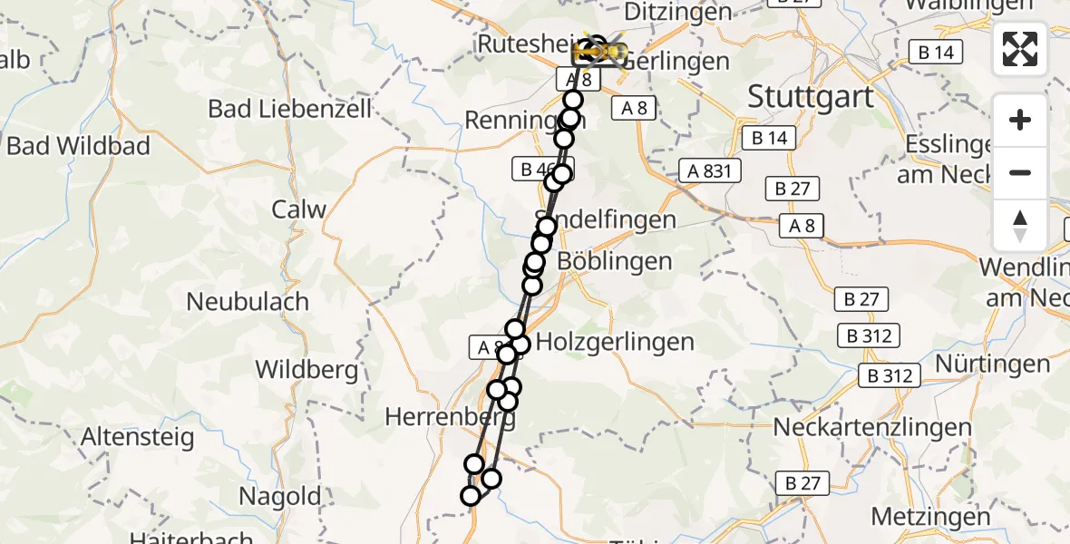 Flugroute Rettungshubschrauber Leonberg Hospital - Leonberg Hospital, 20 Oktober 2026, 14:00