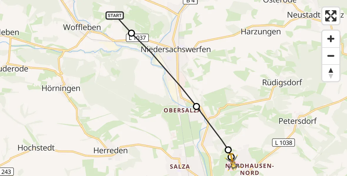 Flugroute Rettungshubschrauber Ellrich - Südharz Hospital Nordhausen, 20 Oktober 2026, 14:06