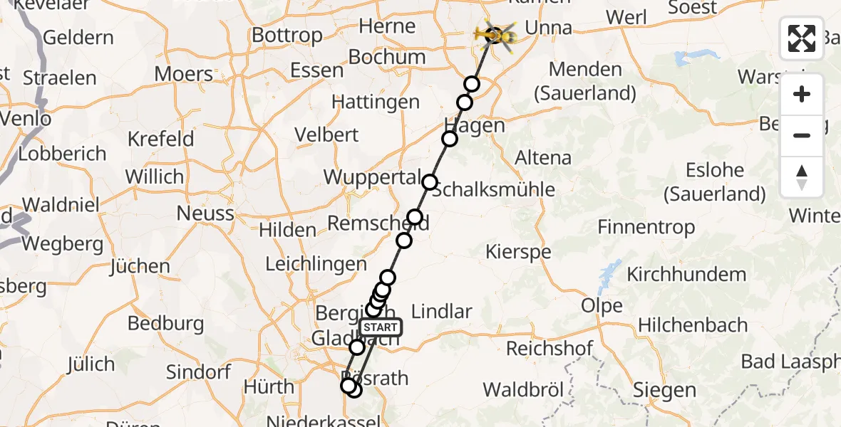 Flugroute Ambulanzhubschrauber Bergisch Gladbach - Westphalia Miners' Hospital, 20 Oktober 2026, 14:11