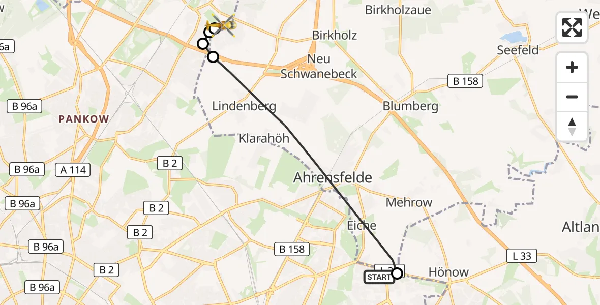 Flugroute Rettungshubschrauber Berlin - Helios Clinic Berlin-Buch, 20 Oktober 2026, 14:20