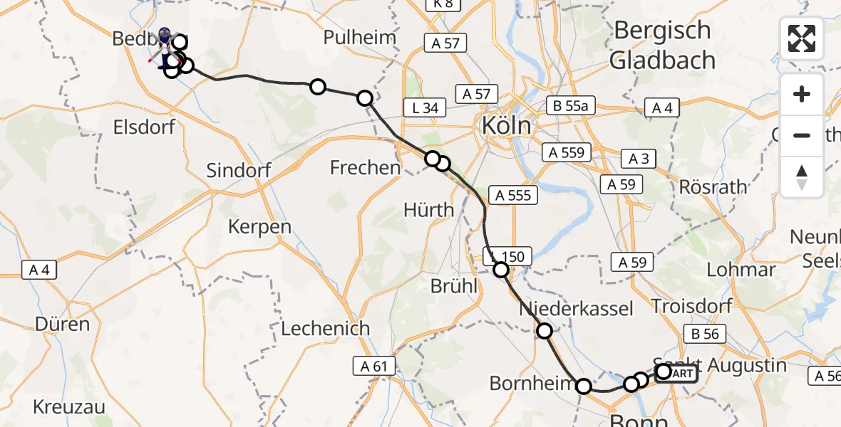Flugroute Polizeihubschrauber Sankt Augustin - Bedburg, 20 Oktober 2026, 14:22