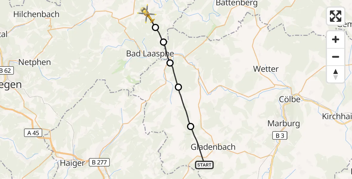 Flugroute Ambulanzhubschrauber Gladenbach - Bad Berleburg, 20 Oktober 2026, 14:23