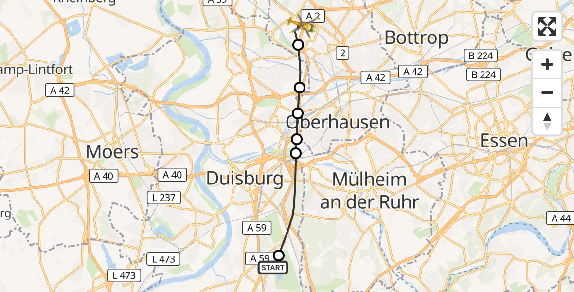 Flugroute Rettungshubschrauber Duisburg Air Rescue Hubschrauberlandeplatz (Christoph 9) - Oberhausen, 20 Oktober 2026, 14:24
