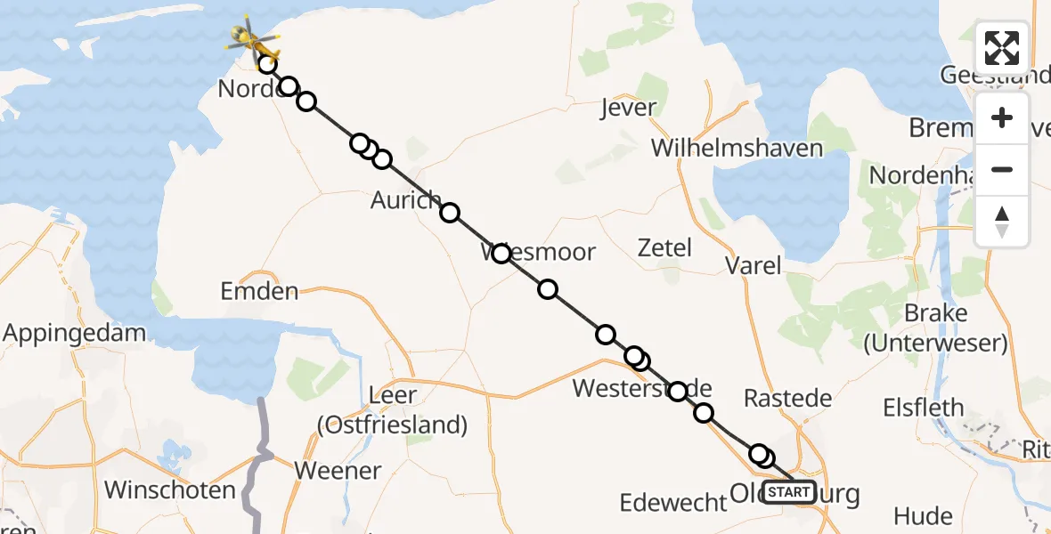 Flugroute Ambulanzhubschrauber Oldenburg (Oldb) - Noordzee, 20 Oktober 2026, 14:27