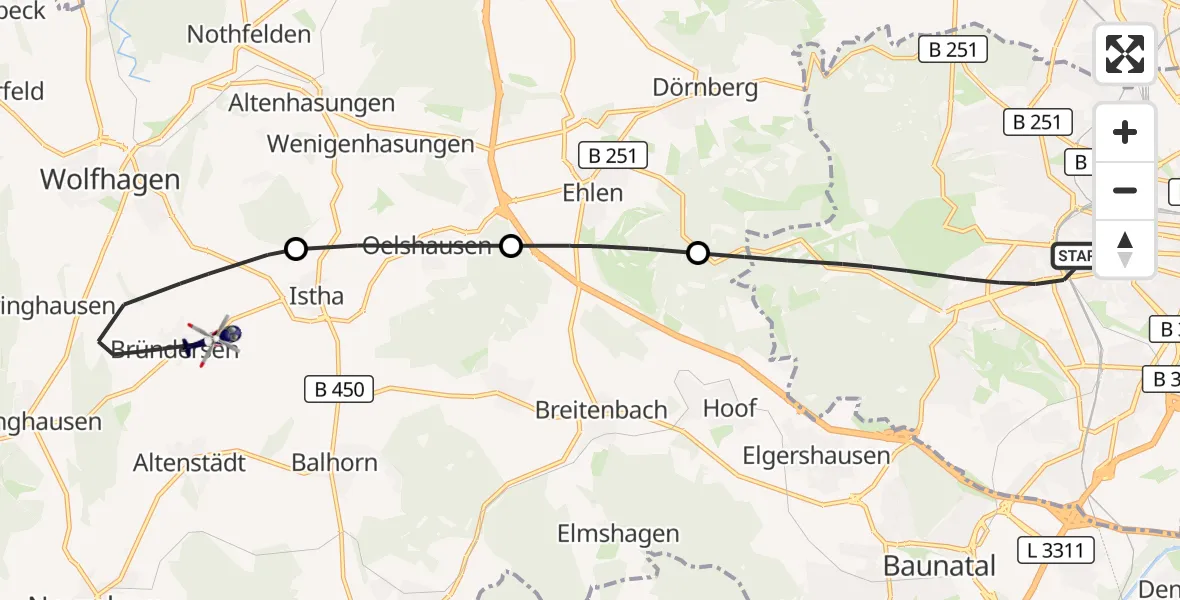 Flugroute Polizeihubschrauber Kassel - Wolfhagen, 20 Oktober 2026, 14:39
