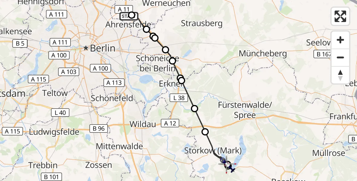 Flugroute Polizeihubschrauber Ahrensfelde Hubschrauberlandeplatz - Storkow (Mark), 20 Oktober 2026, 14:47