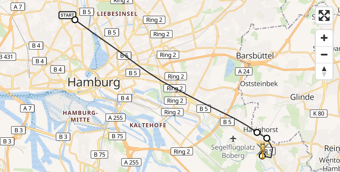 Flugroute Rettungshubschrauber Universitätsklinikum Hamburg-Eppendorf Hubschrauberlandeplatz - Christoph Hansa ADAC Hubschrauberlandeplatz, 20 Oktober 2026, 14:48