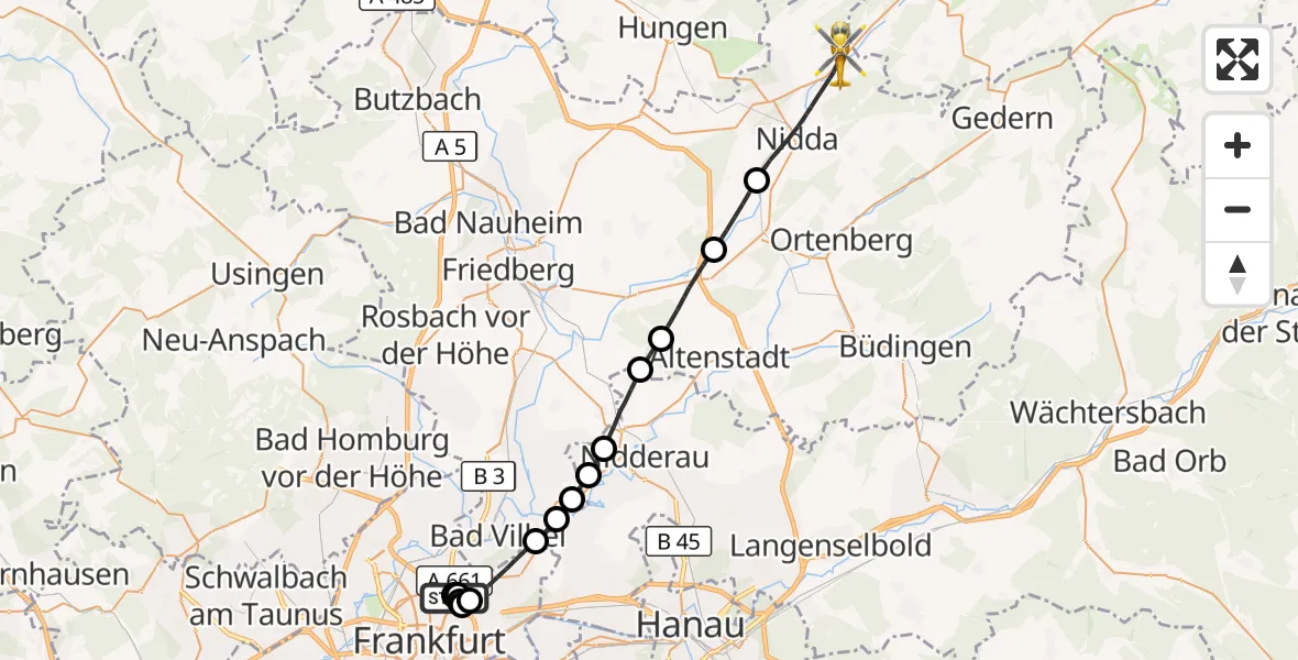 Flugroute Rettungshubschrauber Frankfurt am Main Accident Hospital Roof - Nidda, 20 Oktober 2026, 14:57