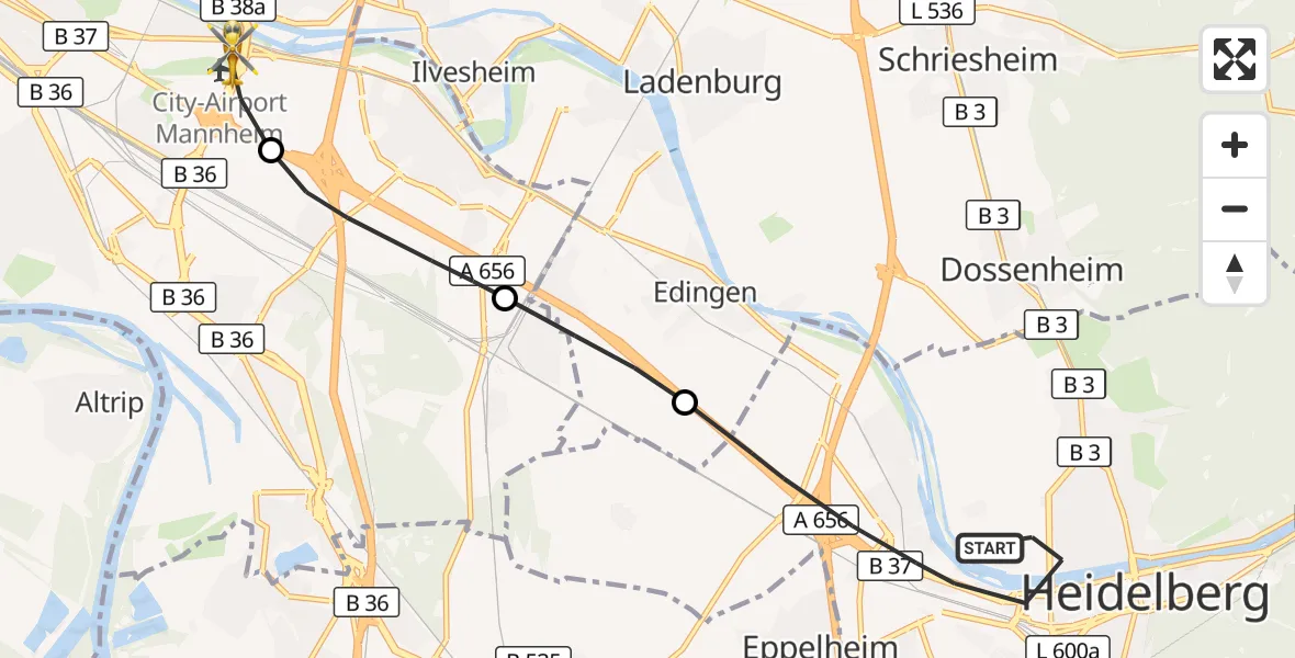 Flugroute Rettungshubschrauber Heidelberg - Mannheim-City Flughafen, 20 Oktober 2026, 15:01